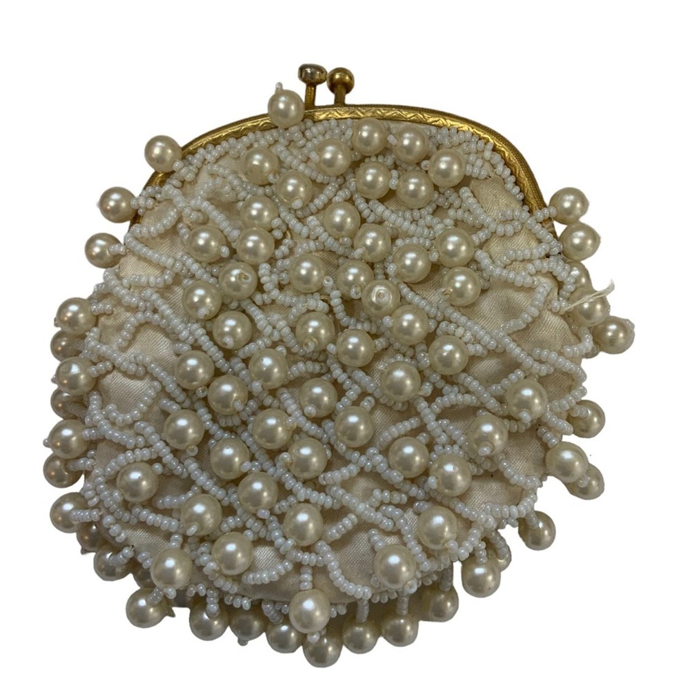 Vintage Cream Beaded Coin Purse The Broadway British Crown Colony Hong Kong - Picture 2 of 5